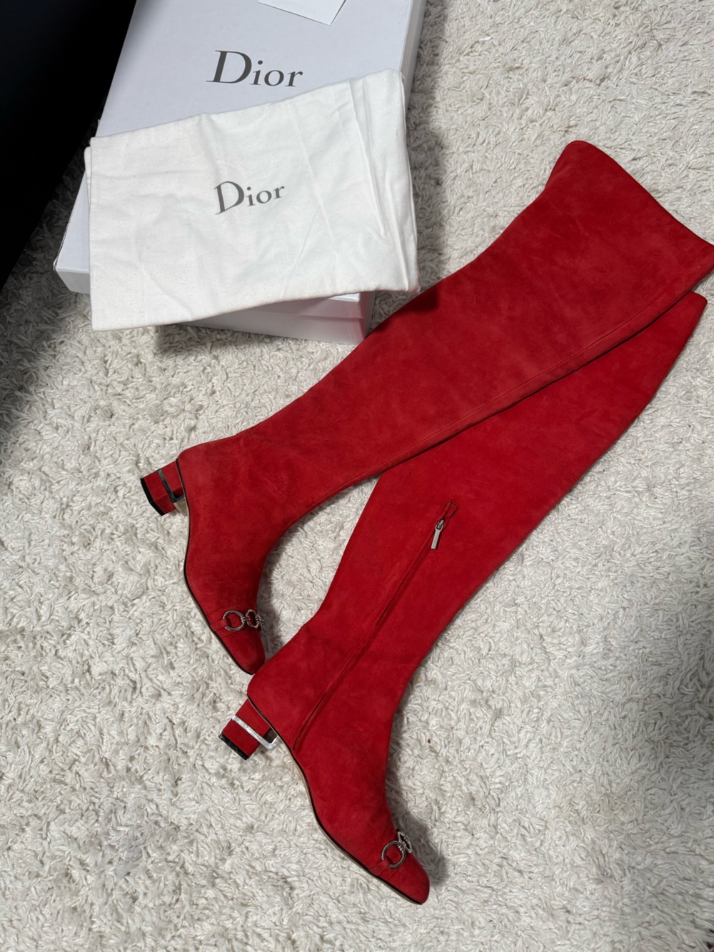 Dior Twiggy High Boots Red Suede Hyacinth 4cm Heel EU 37 w/ Box